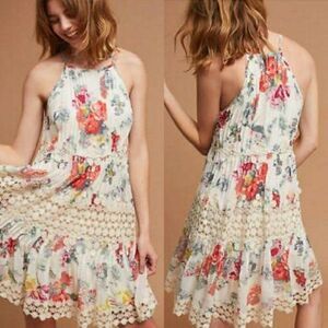 Anthropologie Ranna Gill Dress Kalila Floral‎ Romantic Lace Babydoll Flounce Hem